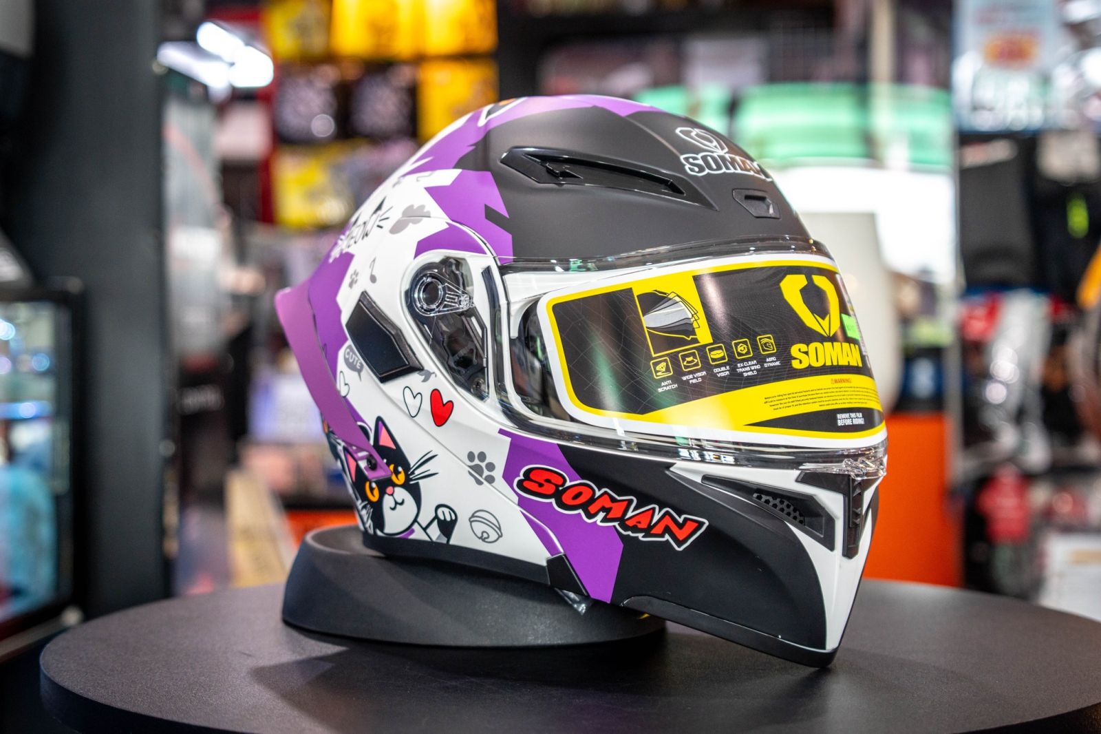 หมวกกันน็อค SOMAN SM955 ลาย White Purple Cat