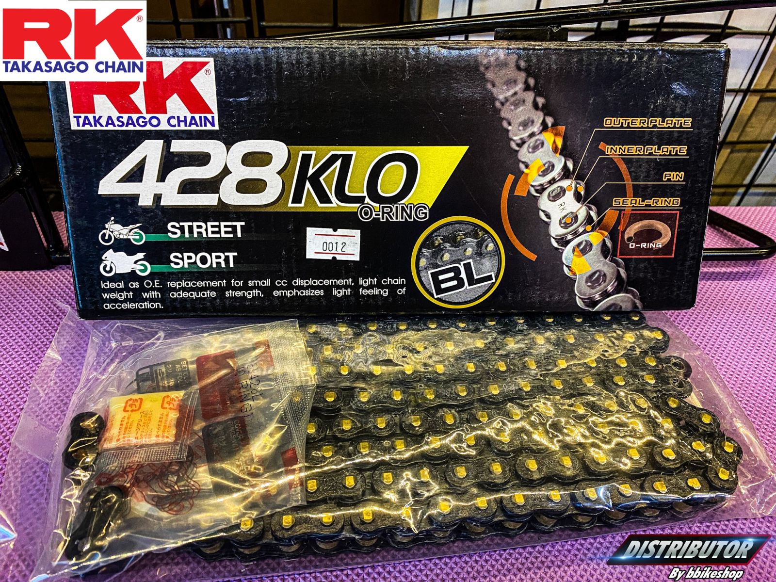 โซ่ RK 428 KLO O-Ring 132L สีดำหมุดทอง
