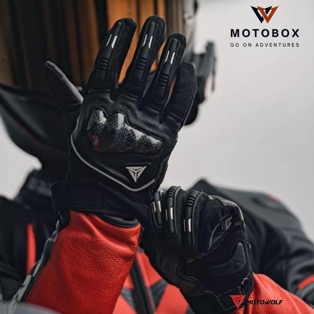 ถุงมือผ้าผสมหนังแกะ แบรนด์ motowolf 0333 ถุงมือเต็มนิ้ว มีการ์ดคาร์บอนเคฟล่า ระบายอากาศดี สัมผัสหน้าจอได้24