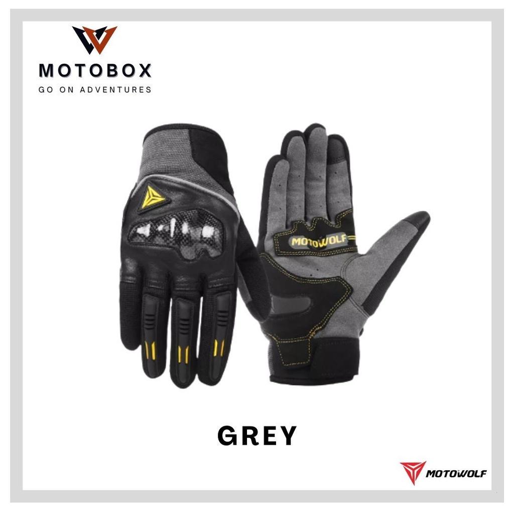 ถุงมือผ้าผสมหนังแกะ แบรนด์ motowolf 0333 ถุงมือเต็มนิ้ว มีการ์ดคาร์บอนเคฟล่า ระบายอากาศดี สัมผัสหน้าจอได้24