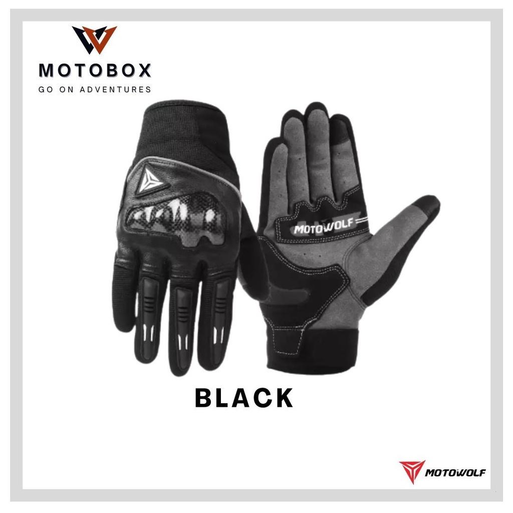 ถุงมือผ้าผสมหนังแกะ แบรนด์ motowolf 0333 ถุงมือเต็มนิ้ว มีการ์ดคาร์บอนเคฟล่า ระบายอากาศดี สัมผัสหน้าจอได้24