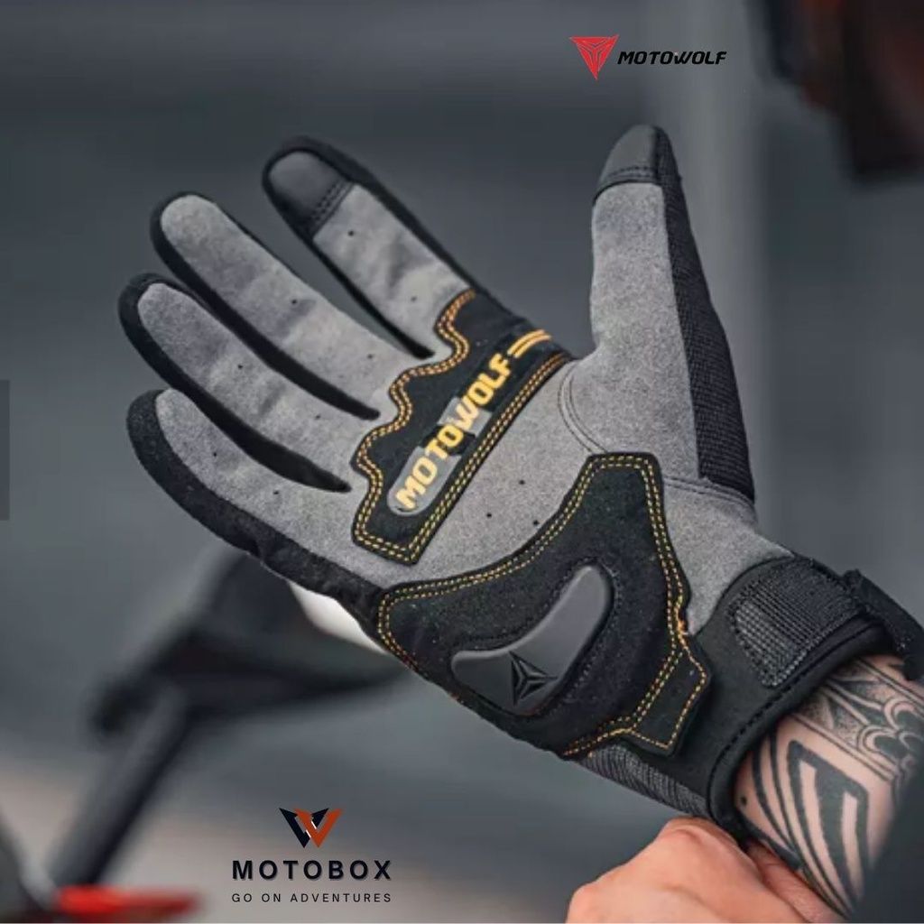 ถุงมือผ้าผสมหนังแกะ แบรนด์ motowolf 0333 ถุงมือเต็มนิ้ว มีการ์ดคาร์บอนเคฟล่า ระบายอากาศดี สัมผัสหน้าจอได้24