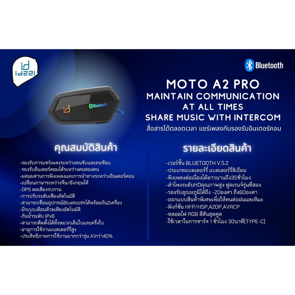ใหม่ บลูทูธติดหมวก ID221 A2PRO -แชร์เพลงระหว่างคนขับและคนซ้อน -หลอดไฟRGBสีสันสุดคูล ดำ/คาร์บอน
