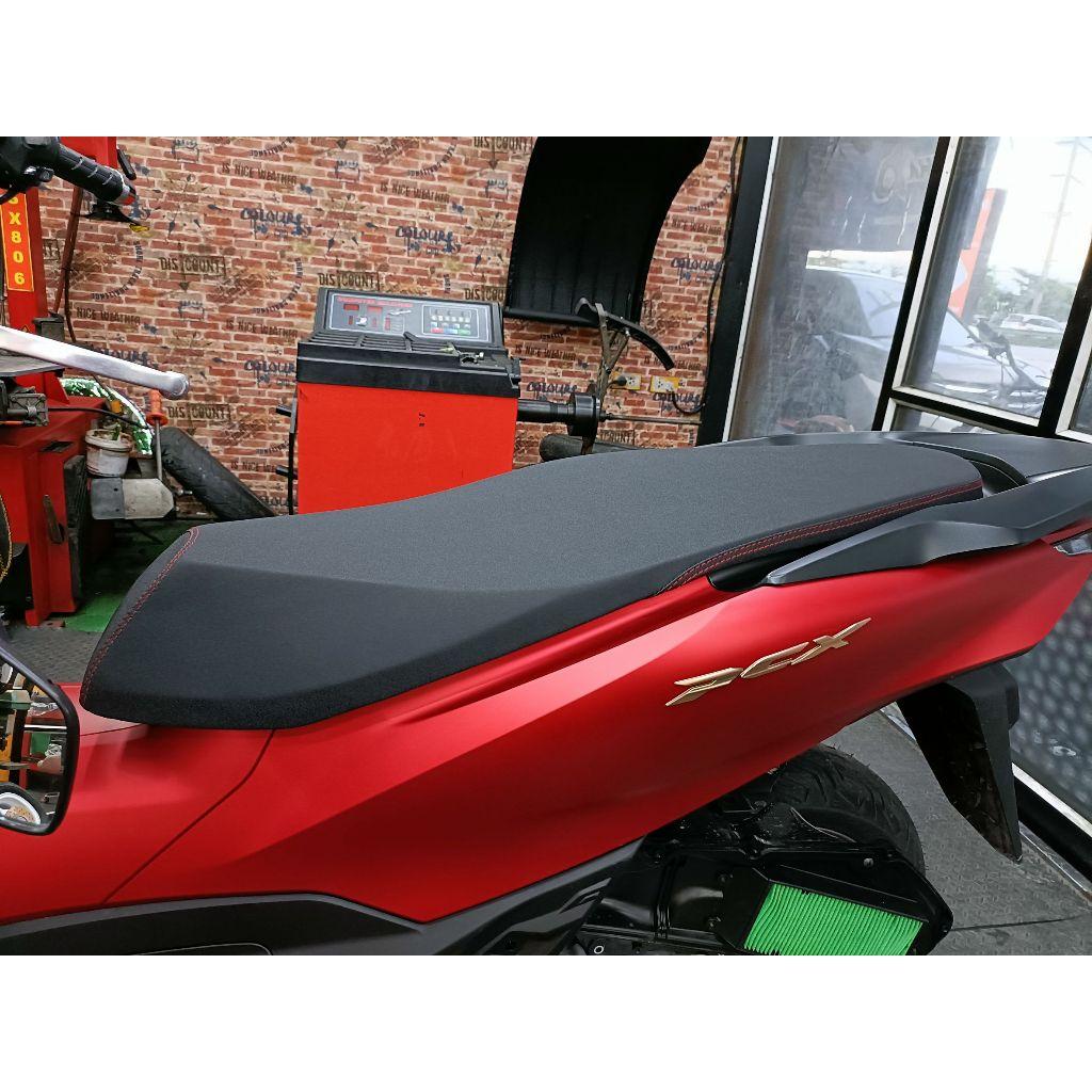 เบาะปาด PCX160  เบาะปาดทรงซิ่ง 2ตอน / 1ตอน โครงเทียม  ผ้าเรดเดอร์ ด้ายแดง
