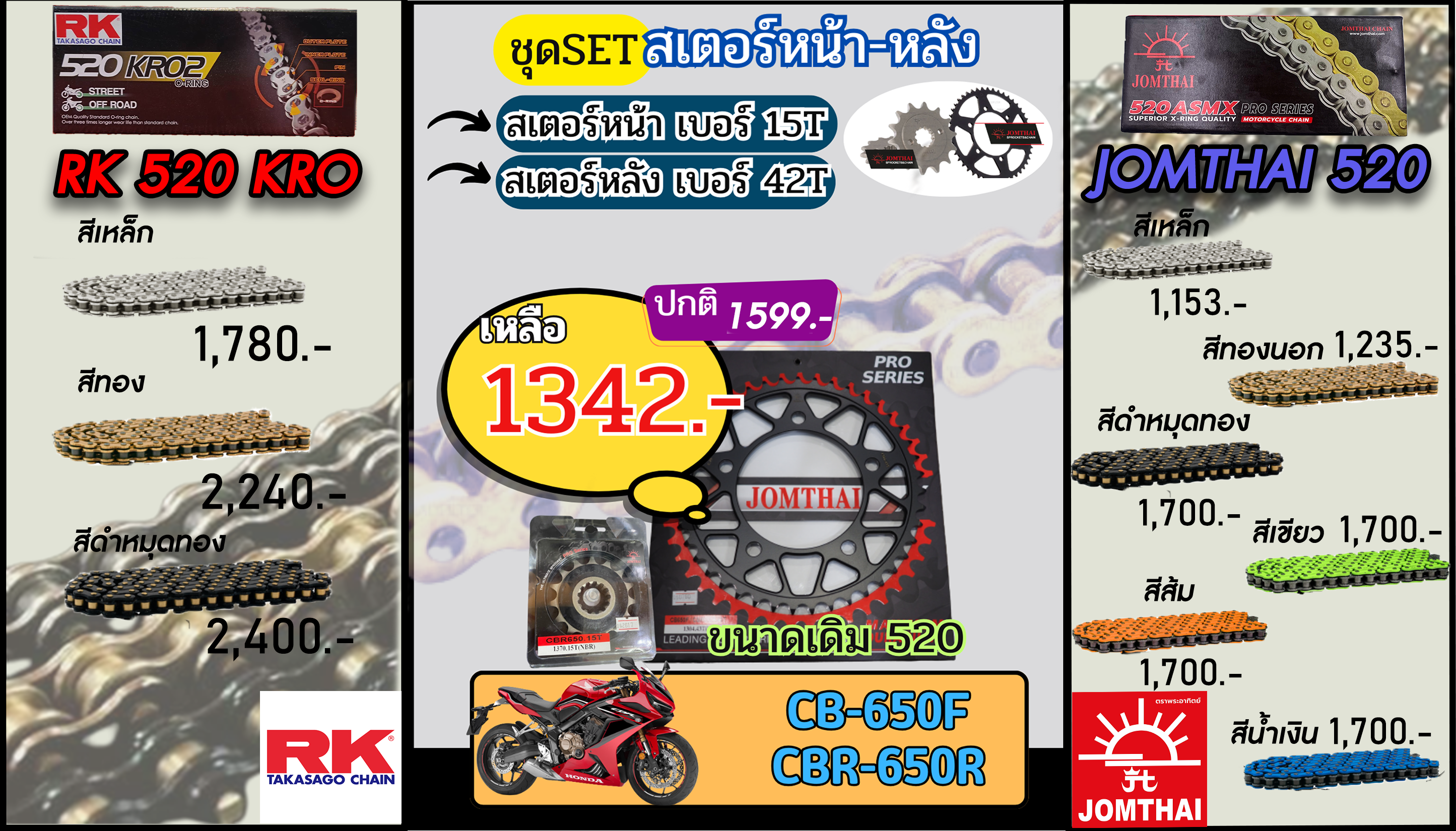 ชุดSetโซ่สเตอร์ CB650F,CBR650R Jomthai/RK 520.15/42