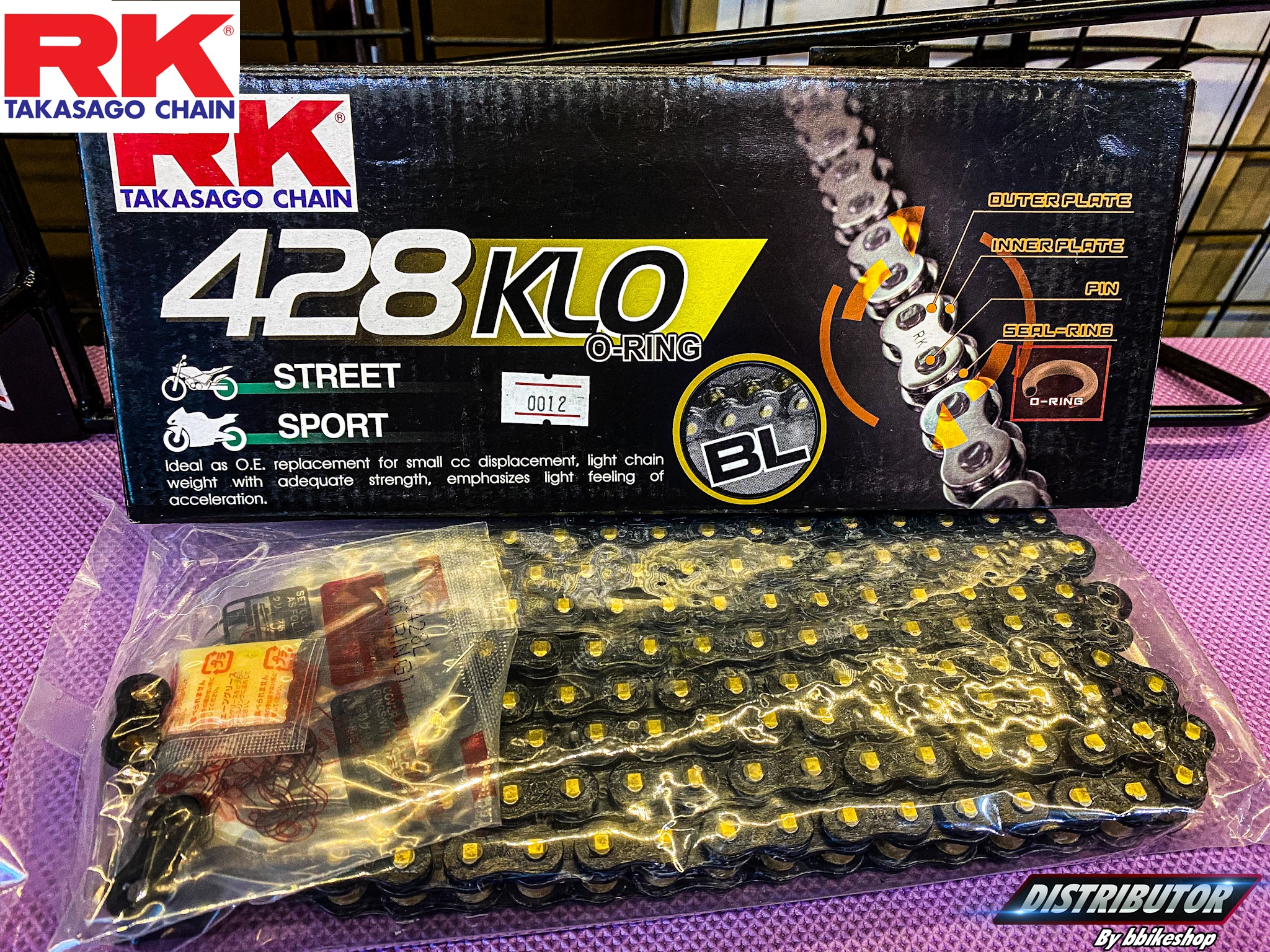 โซ่ RK 428 KLO O-Ring 132L สีดำหมุดทอง