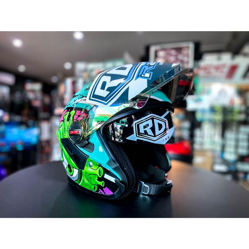 หมวกกันน็อค RD AIR FORCE 1 BT 2024 เปิดหน้า แว่น2ชั้น รองรับการติดตั้งบลูทูธ  ลาย BIO 19 เขียวมิ้น แถมโม่ง(H012)